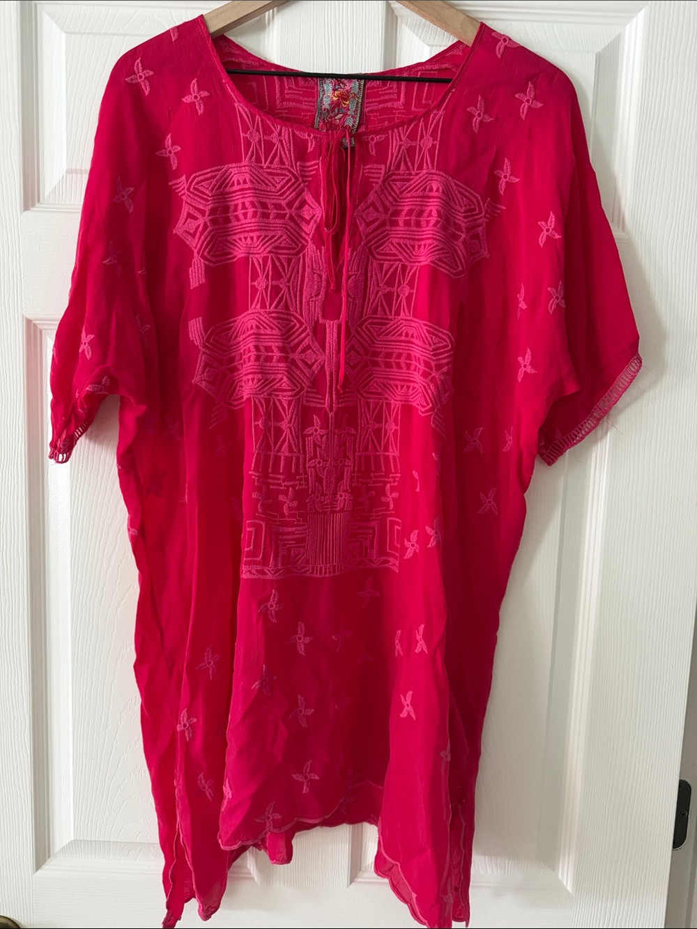 Johnny Was Hot Pink Embroidered Tunic Blouse Top Cupra Rayon Size Large